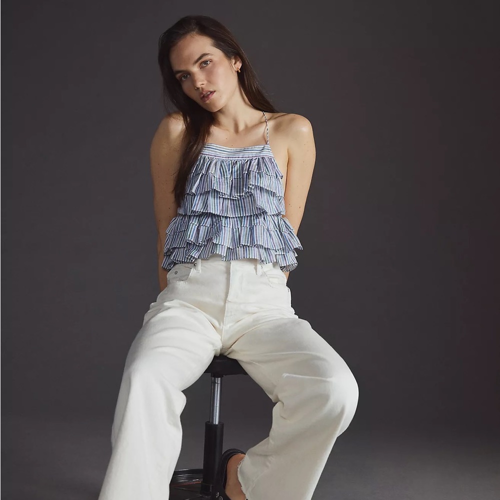 Anthropologie Magali Pascal Layered Ruffle Tank Blue/White Size Medium NWT